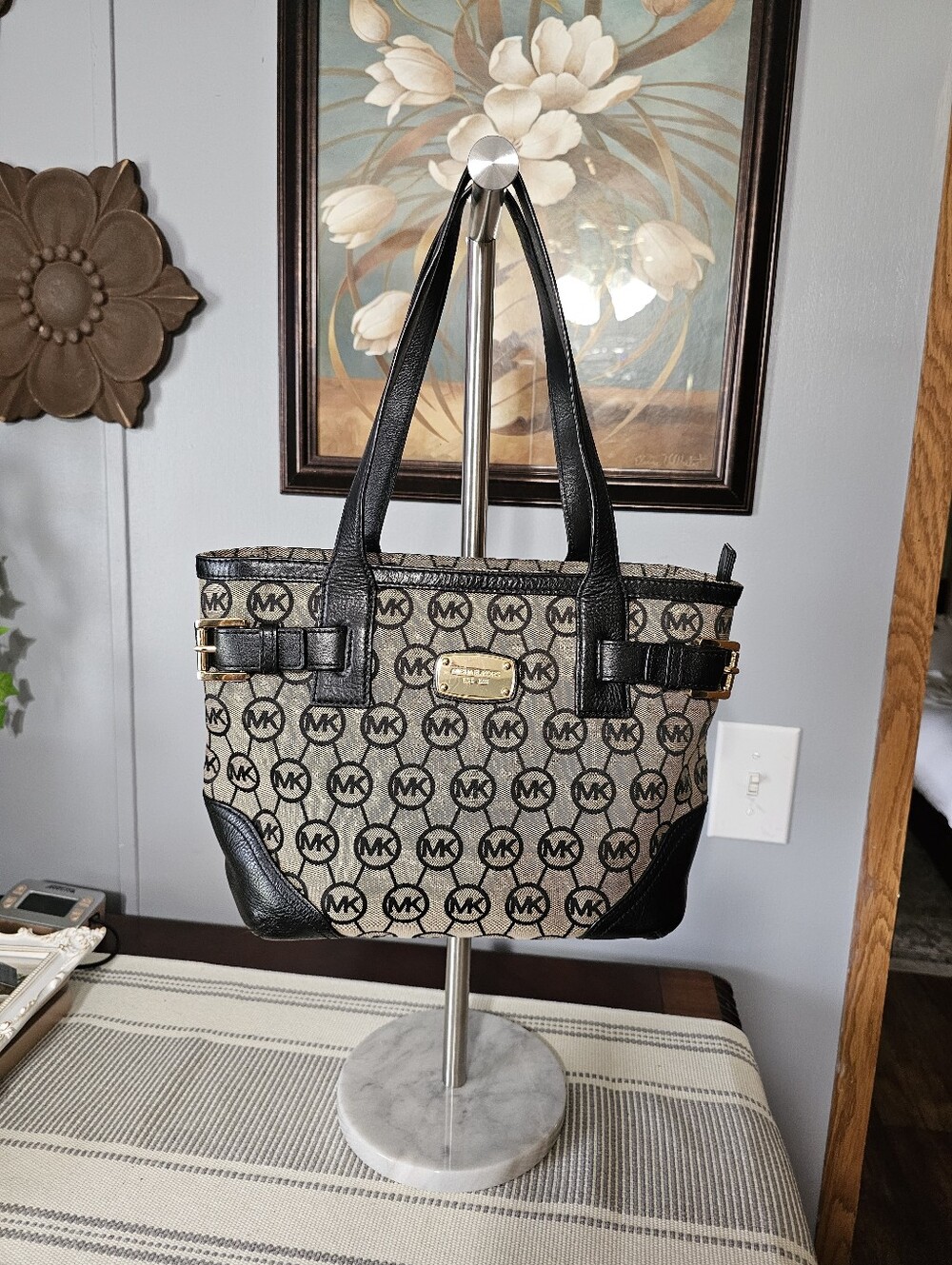 Michael Kors Beige and Black MK Logo Tote with Leather Trim CLASSIC.